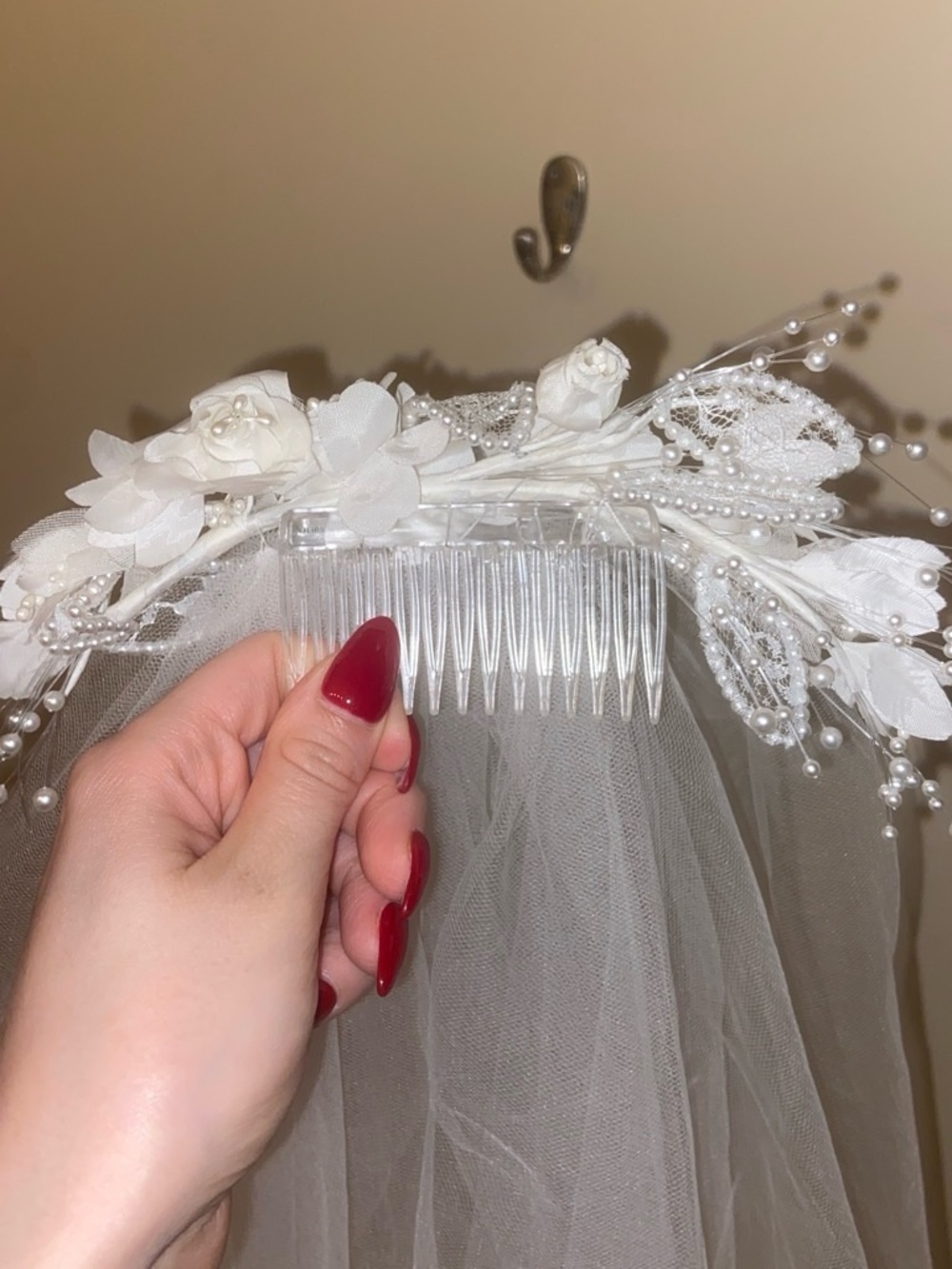White Floral Bridal Veil with Pearl Accents